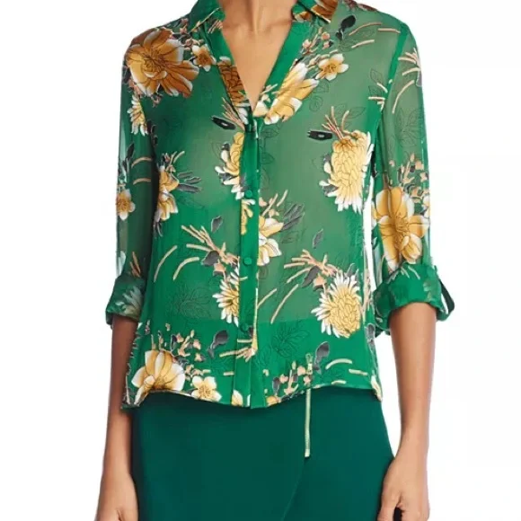 Alice + Olivia Eloise Green Floral Silk Burnout Roll Cuff Blouse Women’s Small - Picture 2 of 14
